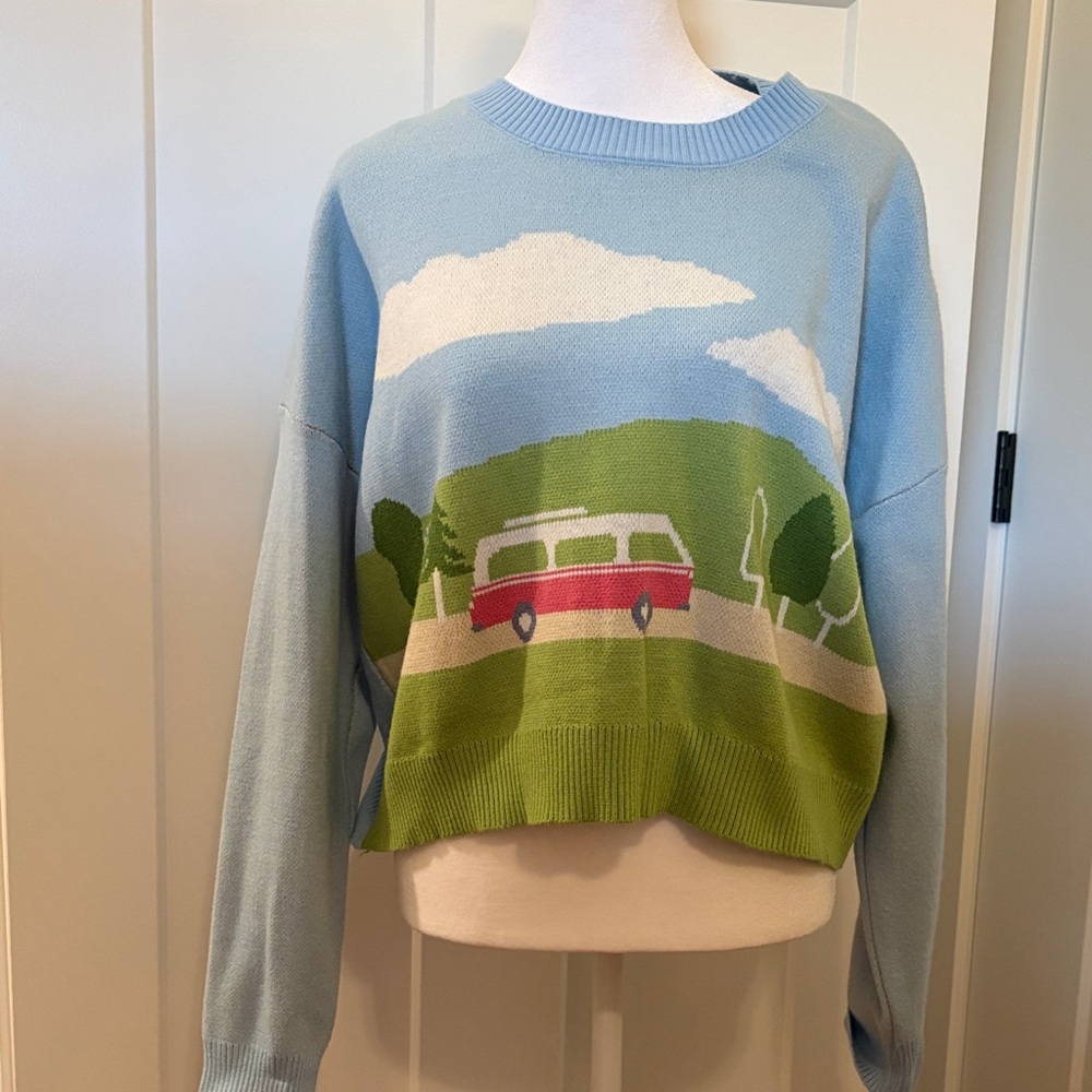 Luna Ivy Anthropology Womens Blue Multicolored Scenic Sweater Size L Cute Preppy
